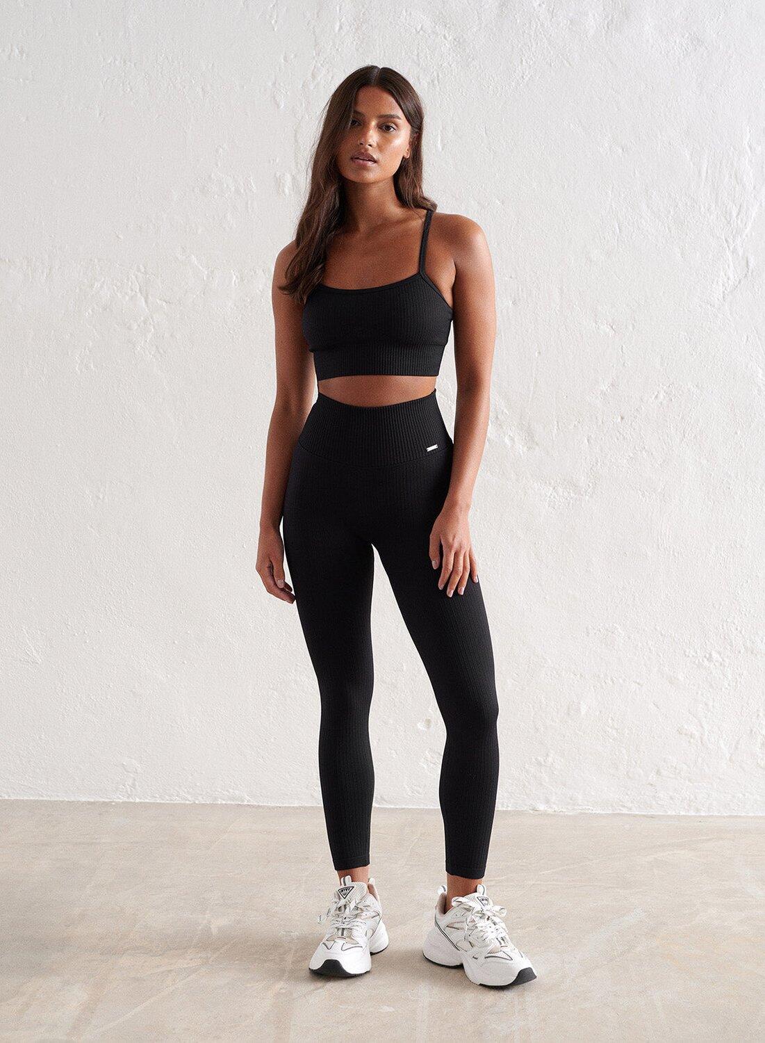 Damen Leggings Petite Gerippt Nahtlos Schwarz 5/7