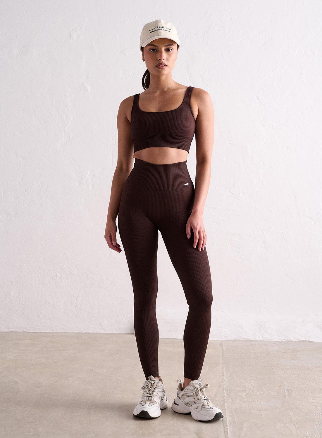 Donna Leggings A Coste Senza Cuciture Marrone Scuro 3/7