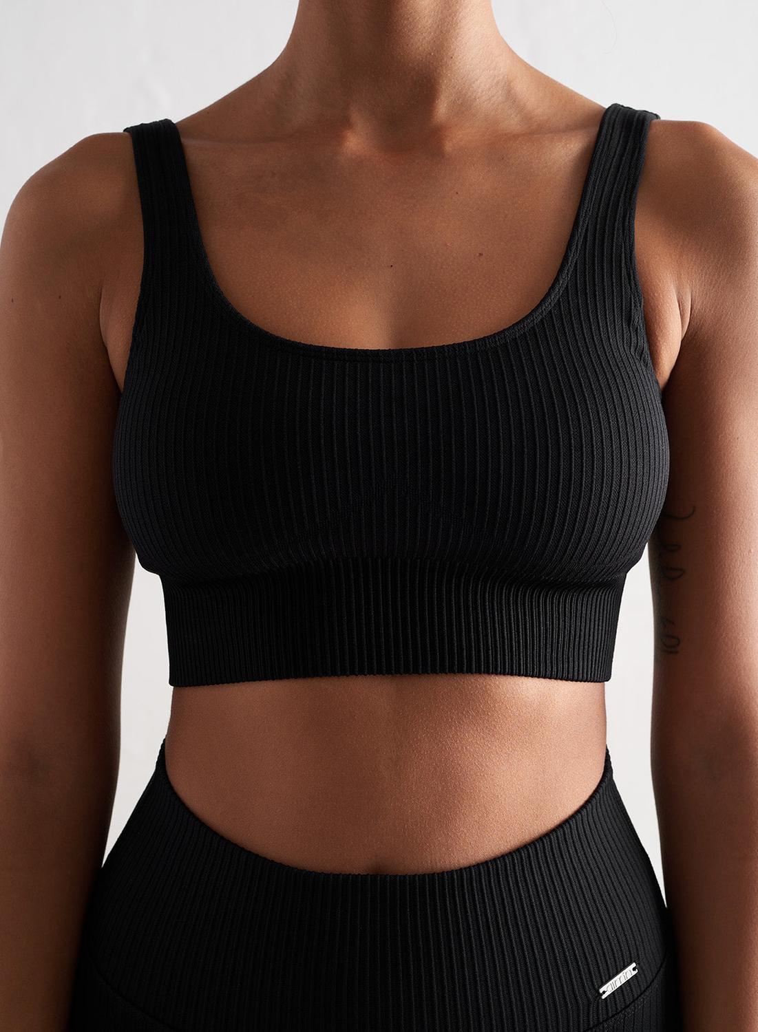 Femme Brassière sport Côtelée sans coutures Soutien moyen Coques amovibles Noir 2/6