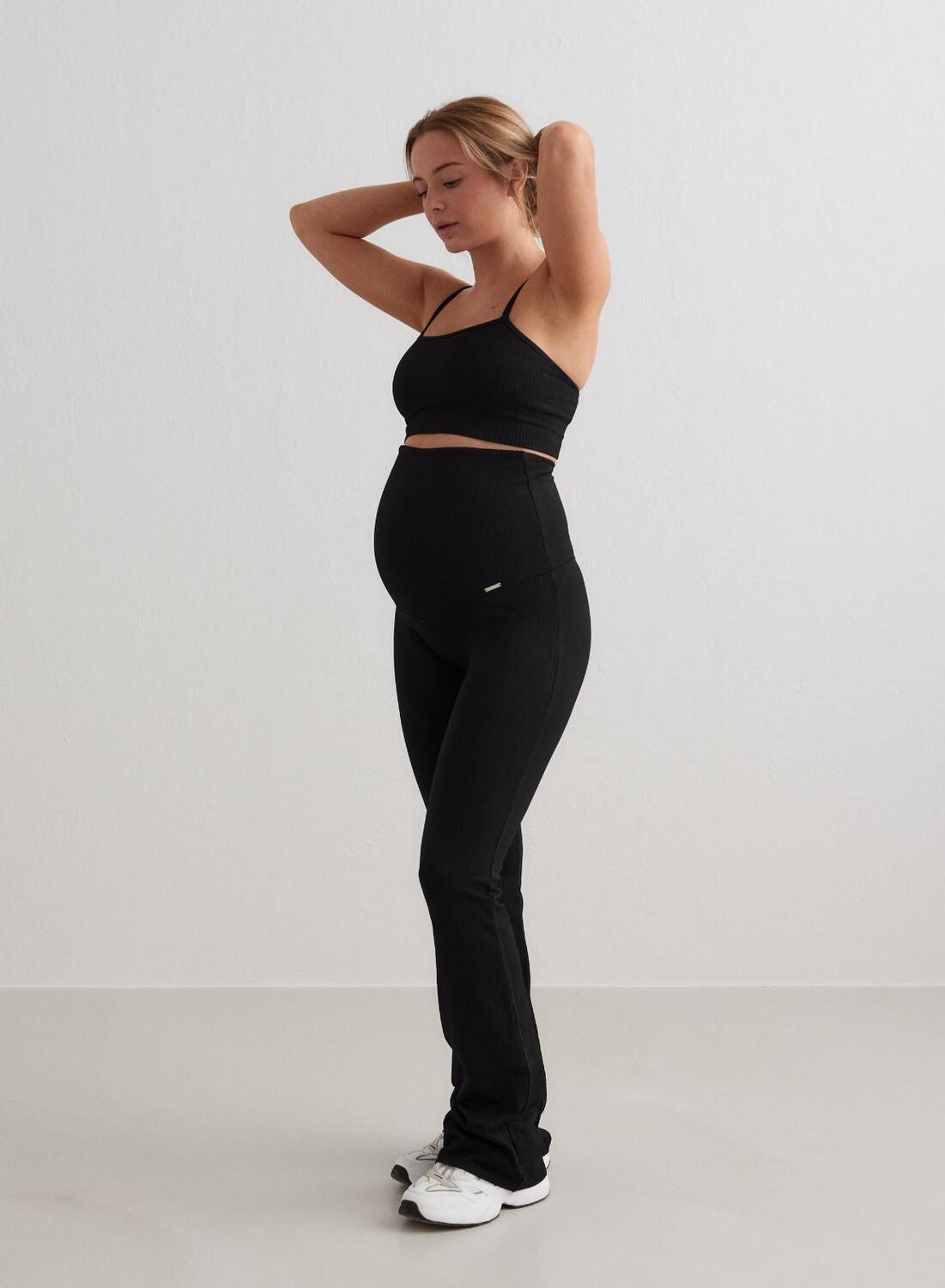 Leggings yoga donna gravidanza zampa d'elefante ribbed senza cuciture neri 2/5