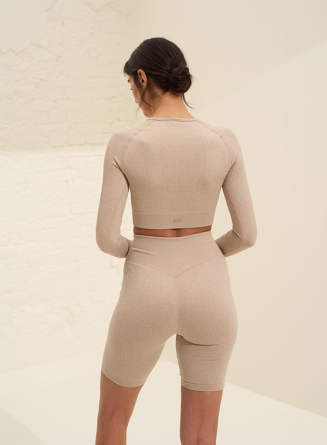 Donna Pantaloncini A Coste Senza Cuciture Beige 5/7
