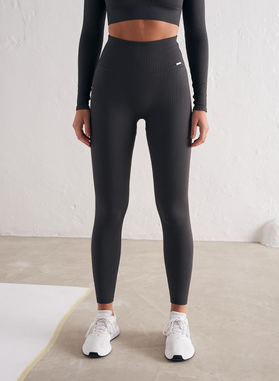 Damskie legginsy bezszwowe, prążkowane, wysoki stan, squat proof ciemnoszare