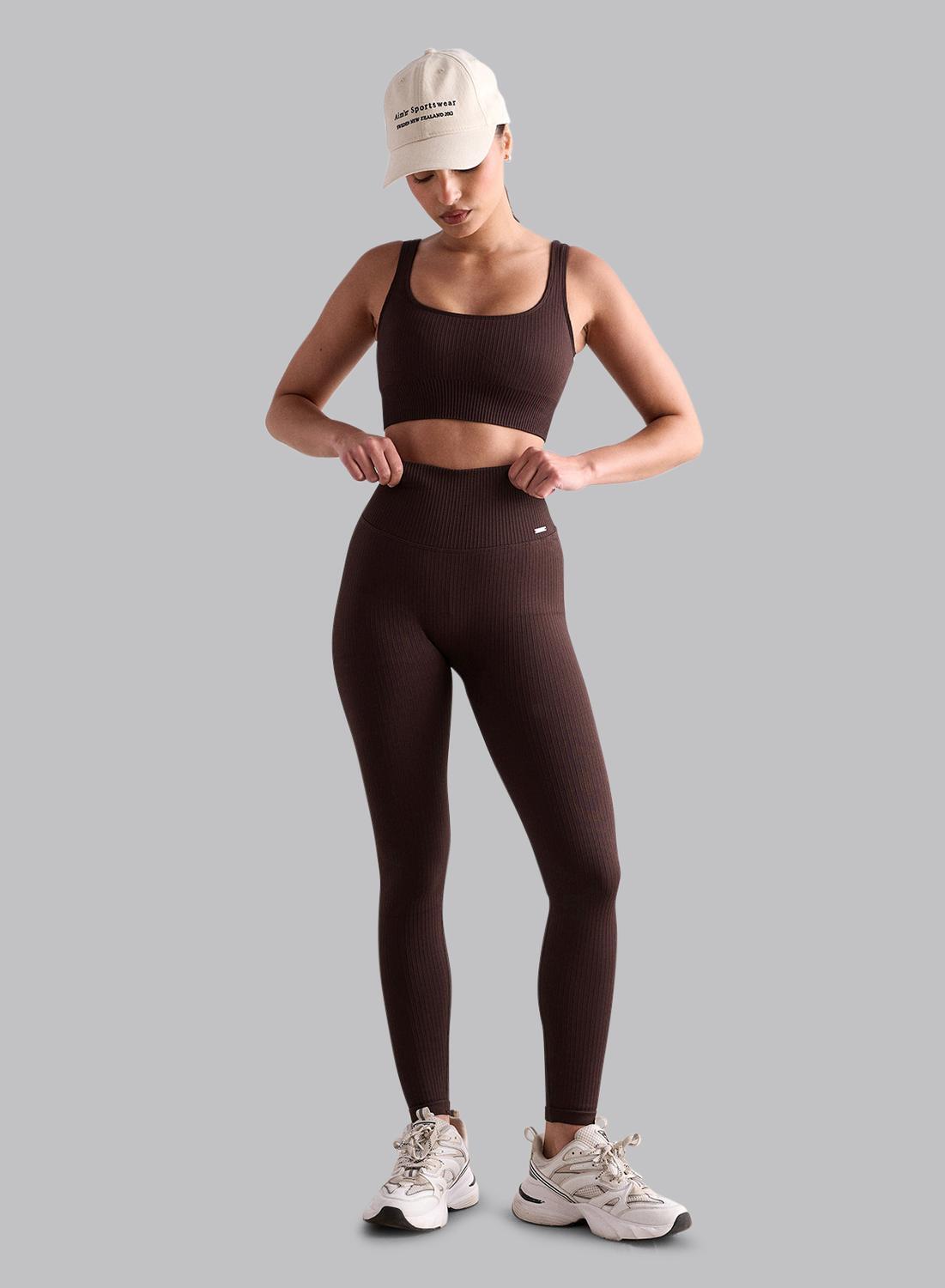 Donna Leggings A Coste Senza Cuciture Marrone Scuro 5/7