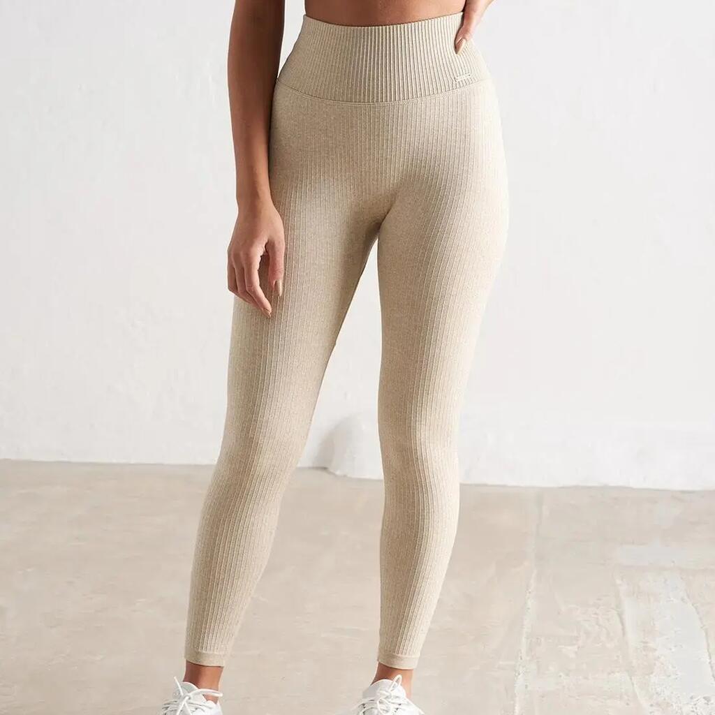Women's Tights Ribbed Seamless High-Waisted Squat Proof Beige