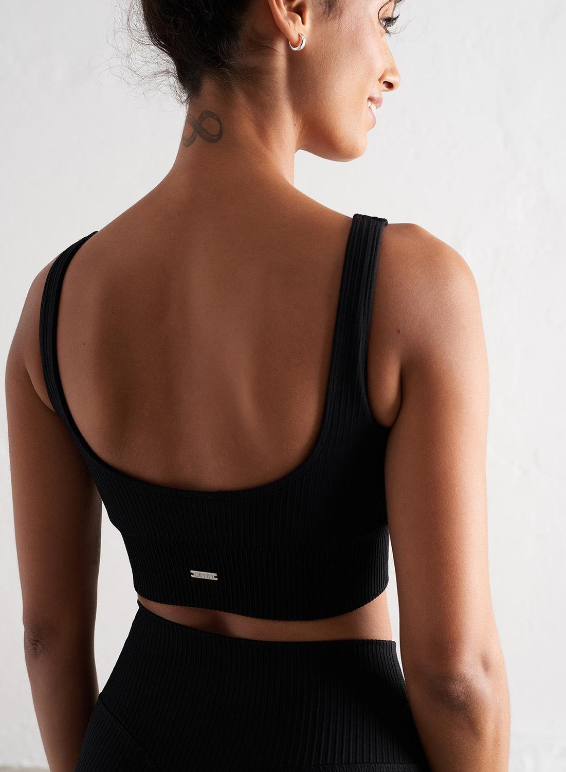 Femme Brassière sport Côtelée sans coutures Soutien moyen Coques amovibles Noir 4/6