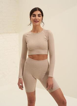 Femme Short Côtelé Sans Couture Blanc Cassé