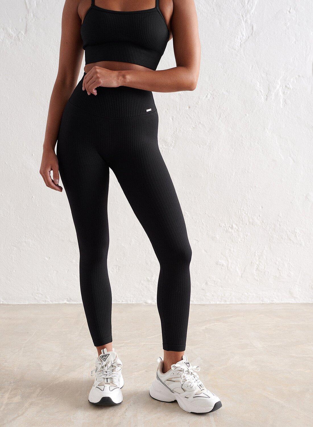 Damen Leggings Petite Gerippt Nahtlos Schwarz 2/7