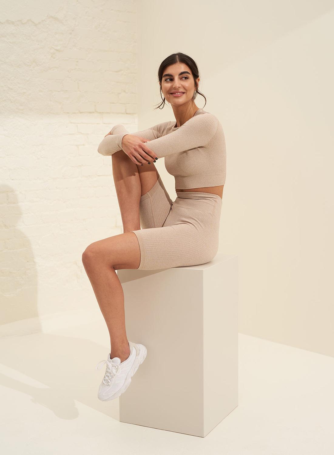 Donna Pantaloncini A Coste Senza Cuciture Beige 4/7