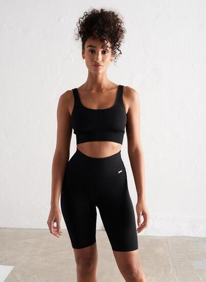 Donna Yoga Pantaloncini A Coste Senza Cuciture Nero