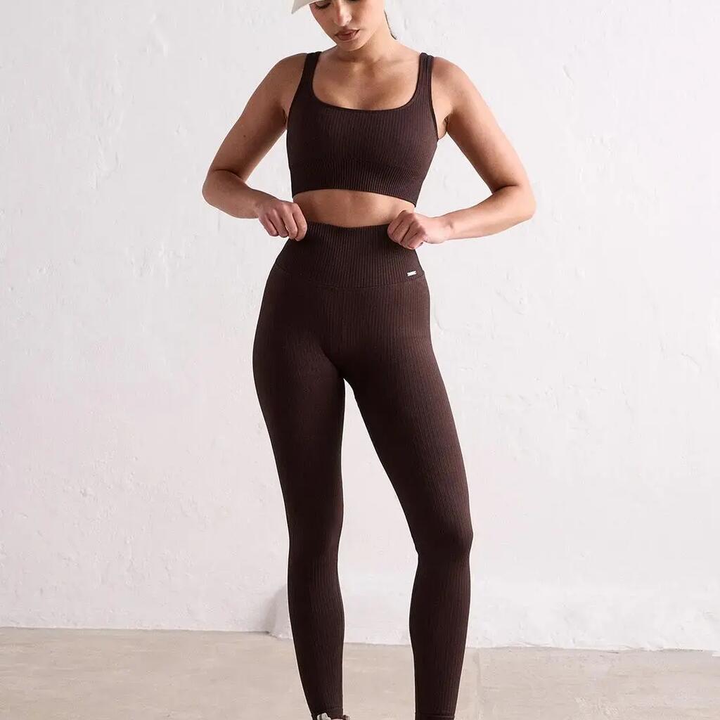 Women's Tights Ribbed Seamless High-Waisted Squat Proof Brown