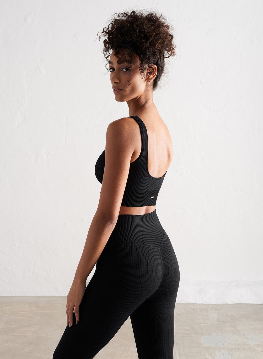 Femme Brassière sport Côtelée sans coutures Soutien moyen Coques amovibles Noir 3/6