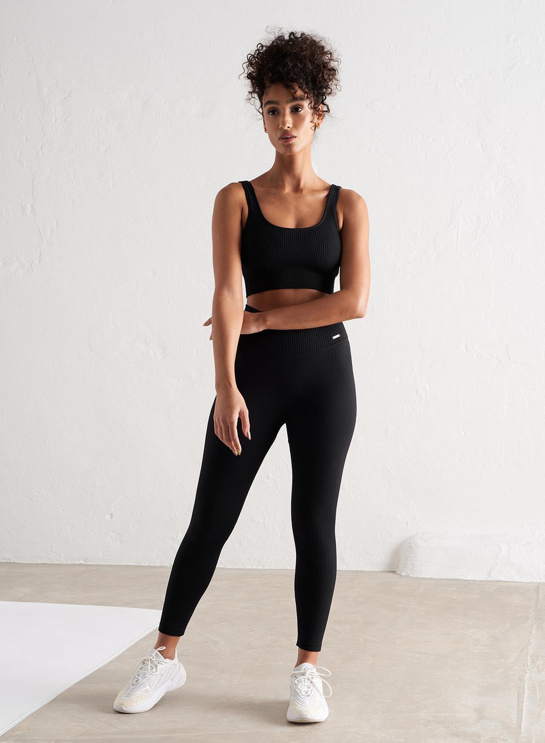 Femme Brassière sport Côtelée sans coutures Soutien moyen Coques amovibles Noir 6/6