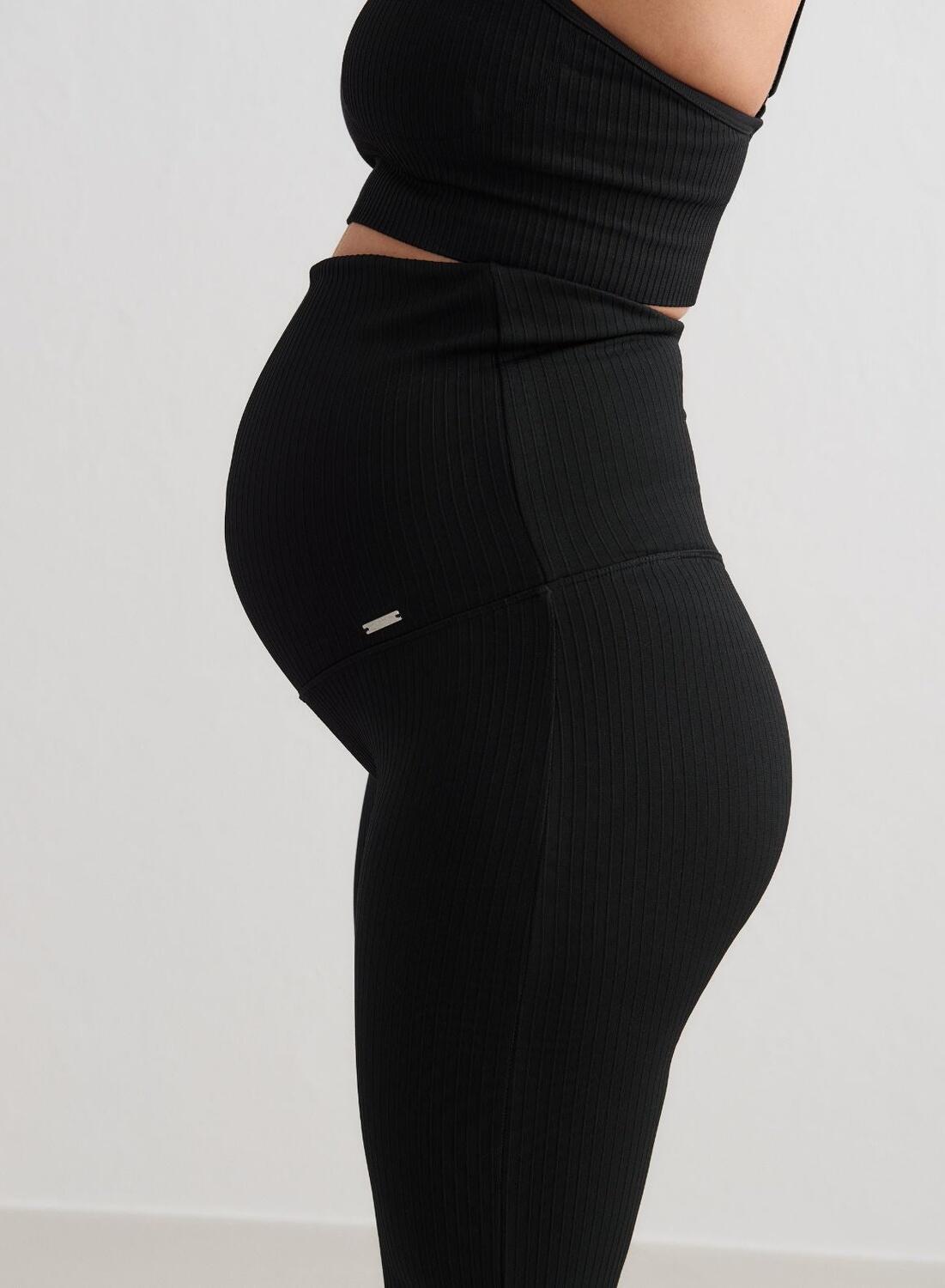 Leggings yoga donna gravidanza zampa d'elefante ribbed senza cuciture neri 3/5