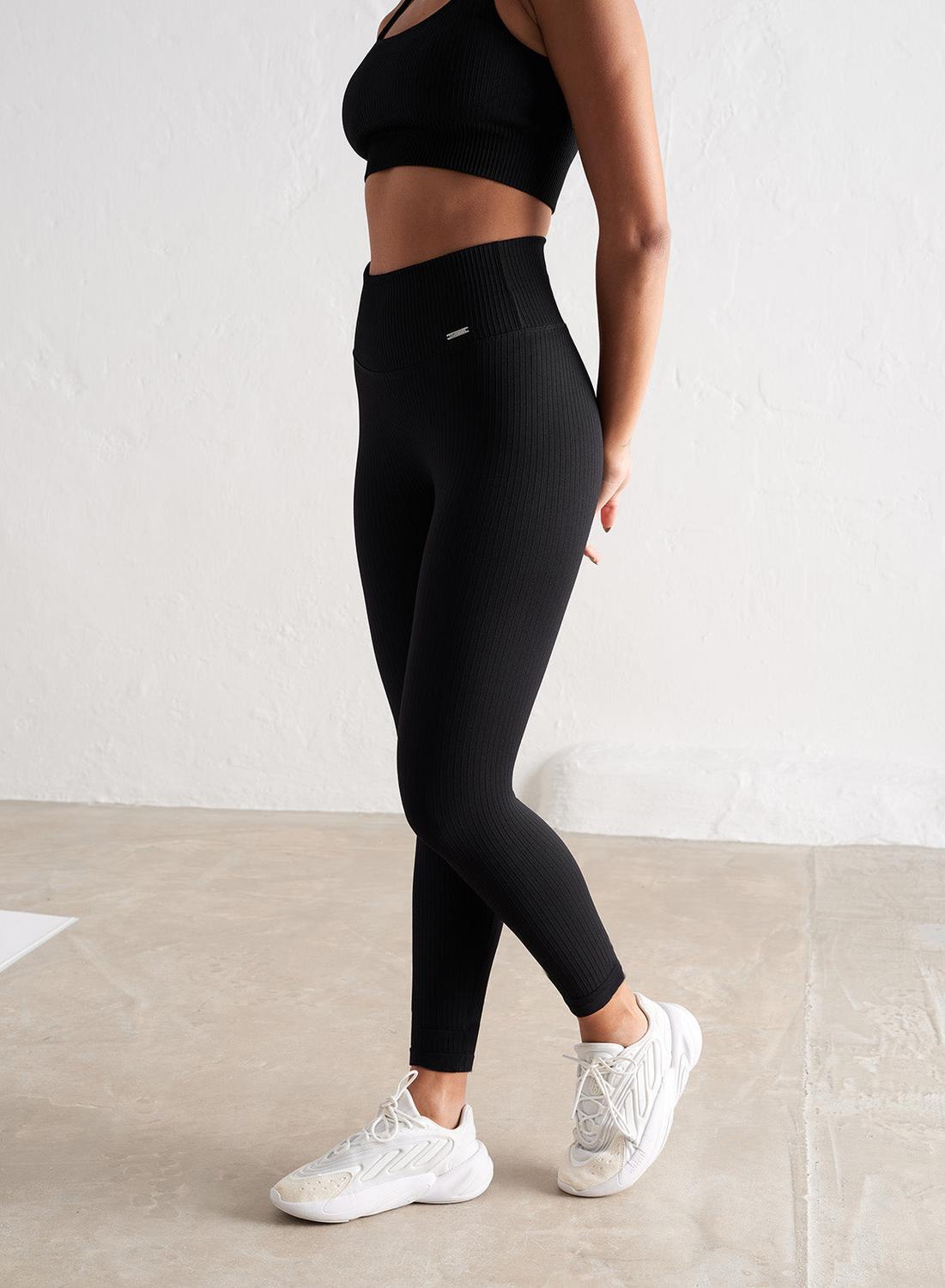 Femme Leggings Côtelé Sans Couture Noir 5/6