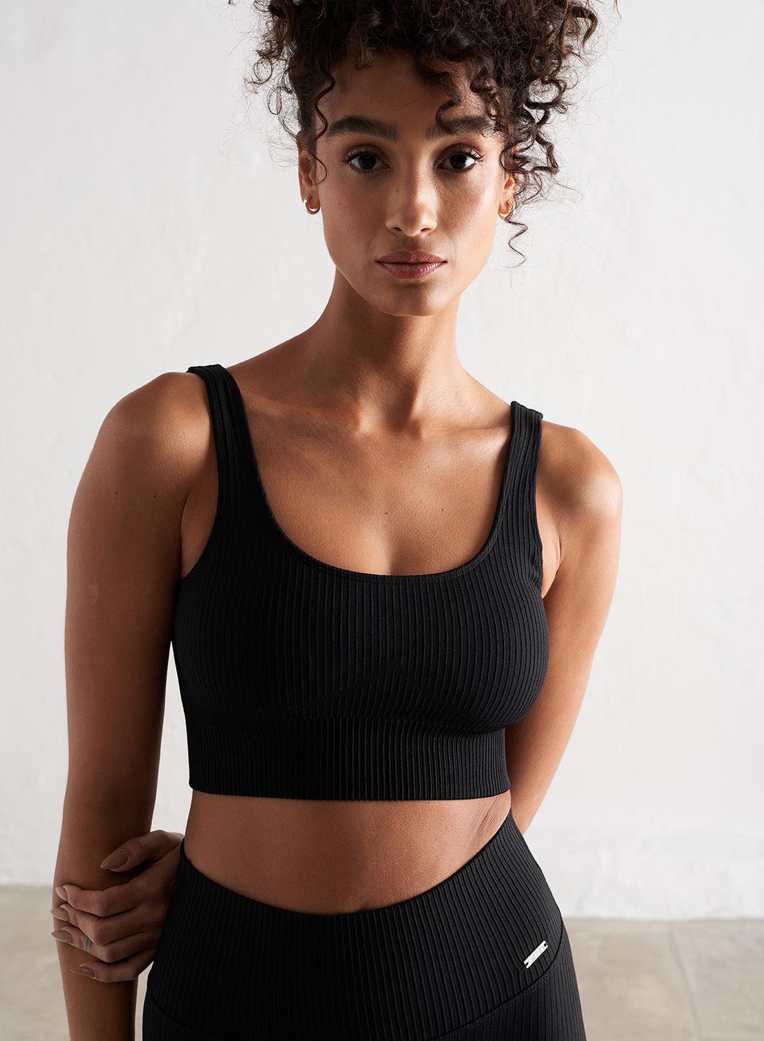 Femme Brassière sport Côtelée sans coutures Soutien moyen Coques amovibles Noir 5/6