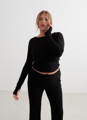 Damen Yoga Langarmshirt Gerippt Lichtgewicht Schwarz