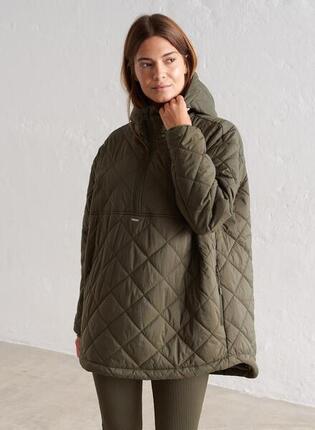 Damski anorak oversize'owy, pikowany, hydrofobowy zielony khaki