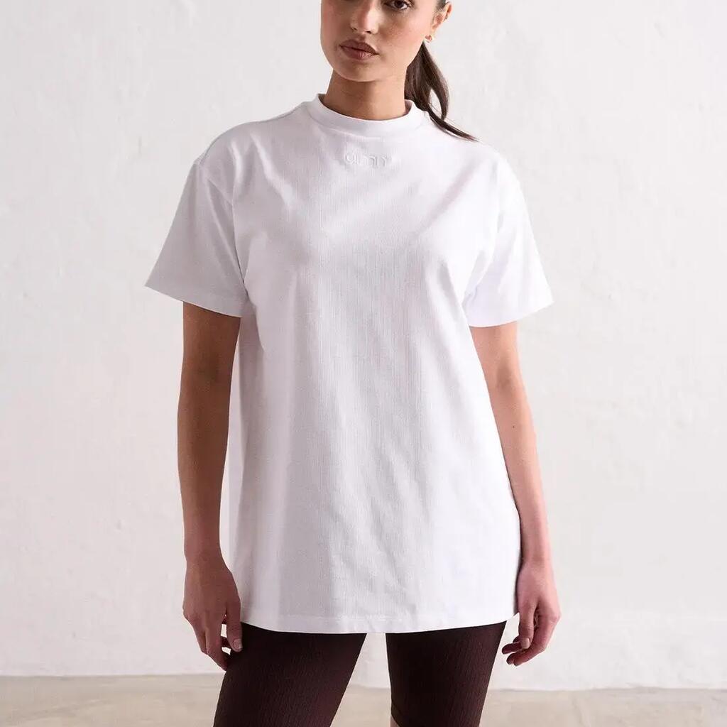 Women's T-Shirt Short Sleeve Oversized Cotton Ribbed Crew Neck Boyfriend White