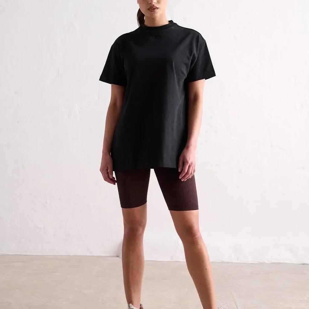 Women's T-Shirt Short Sleeve Oversized Cotton Ribbed Crew Neck Boyfriend Black