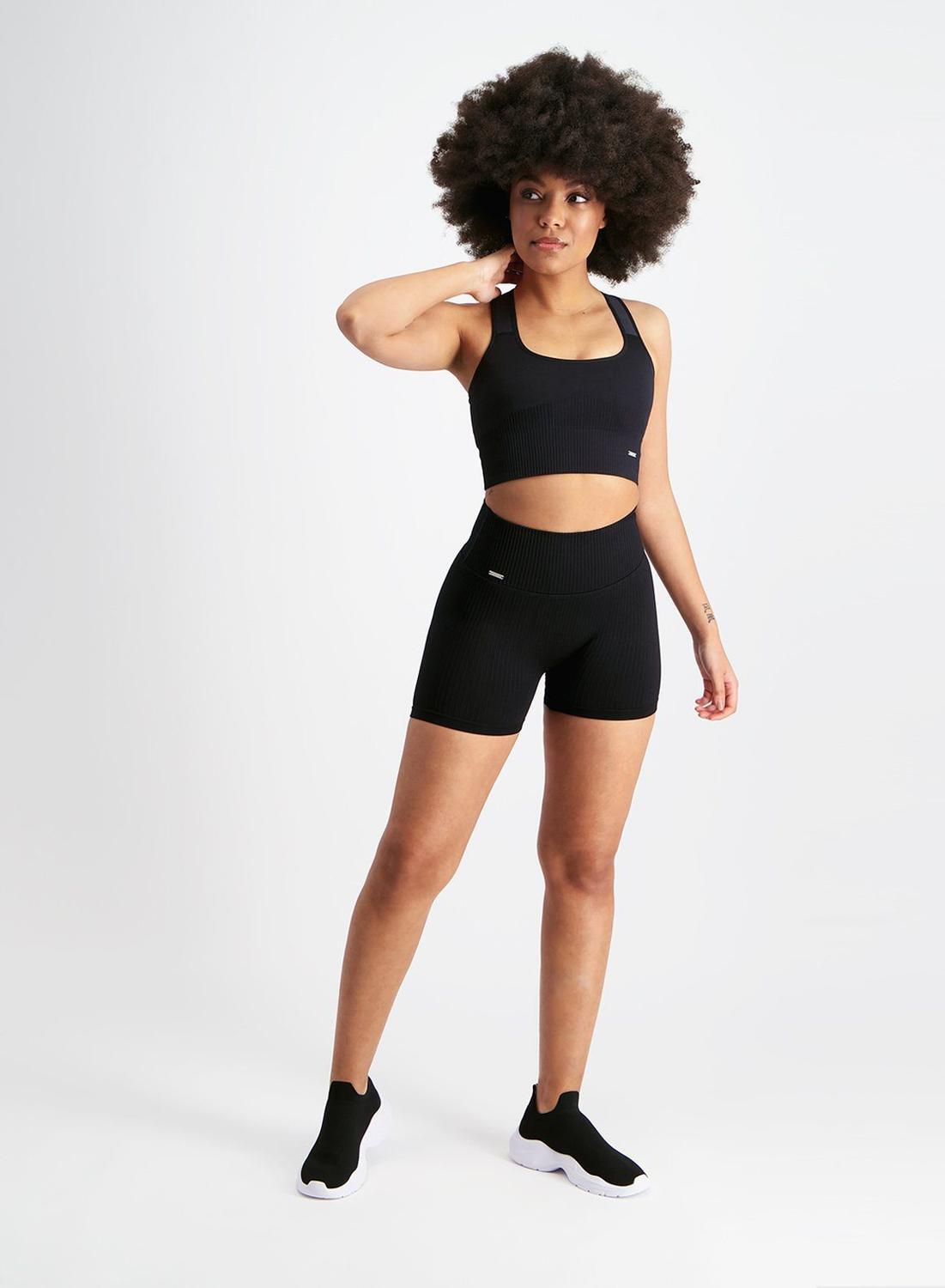 Femme Shorts Midi Côtelé Sans Couture Noir 2/4