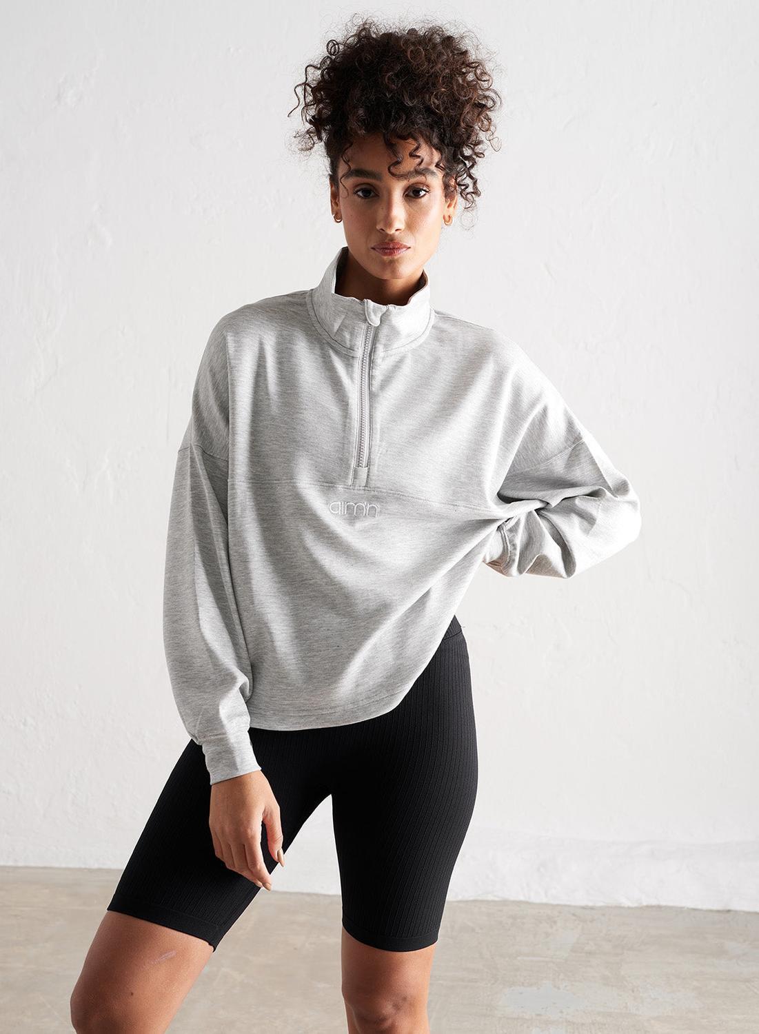 AIM'N Damen Sweatshirt mit halbem Reißverschluss Atmungsaktiv Hellgrau Melange