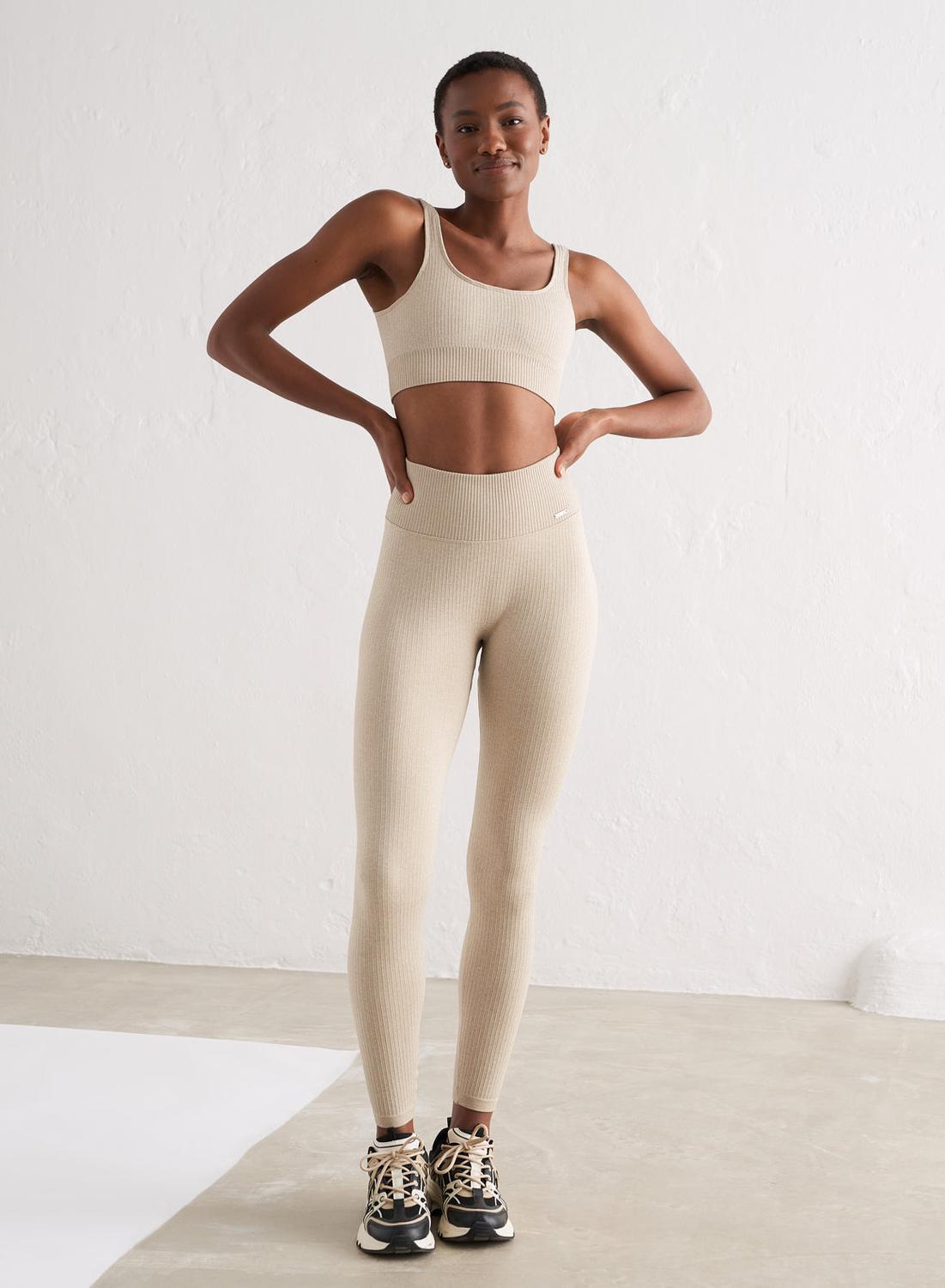 Damen Yoga Sport-BH Gerippt Nahtlos Beige 5/6