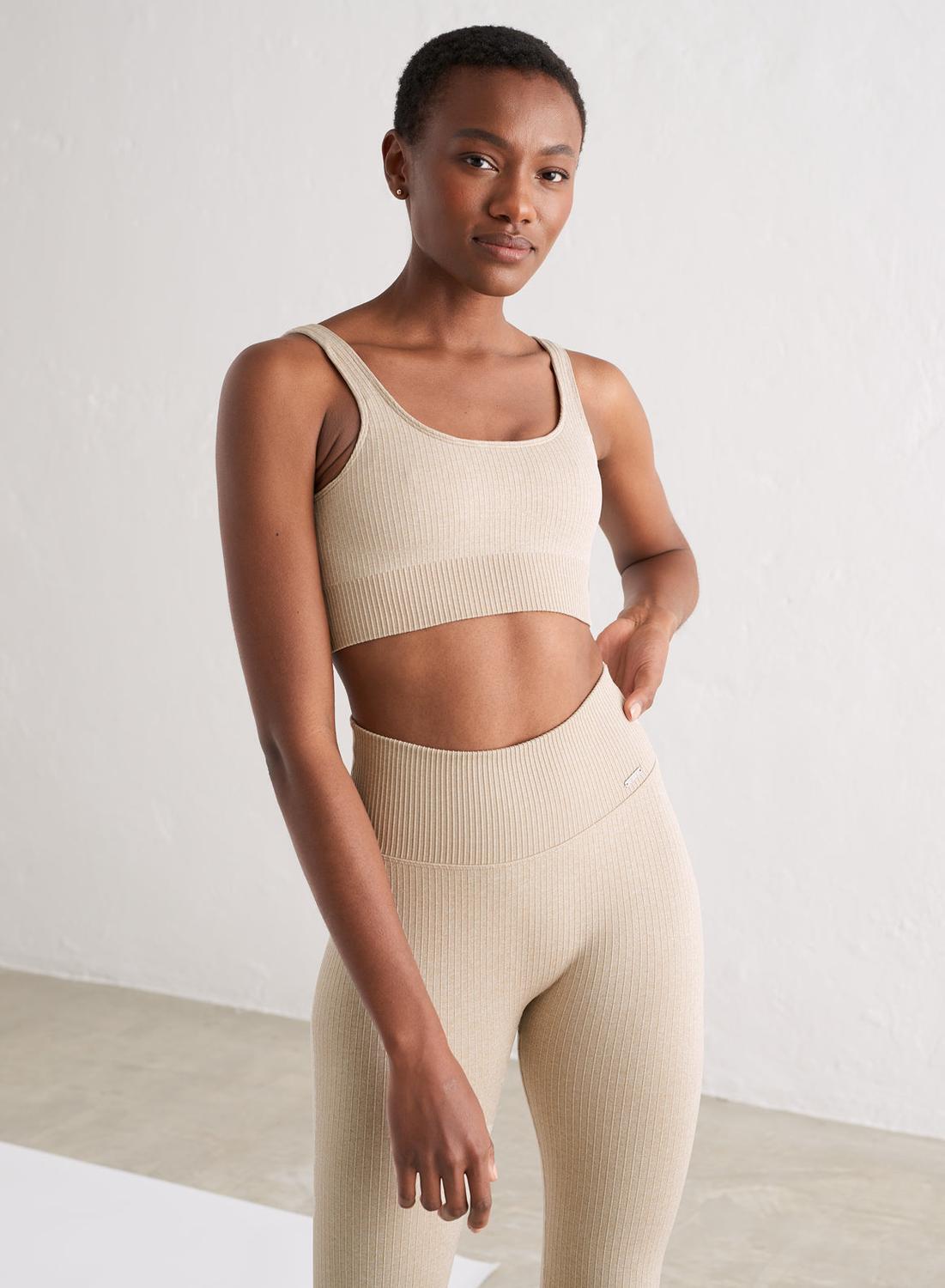 Damen Yoga Sport-BH Gerippt Nahtlos Beige 2/6