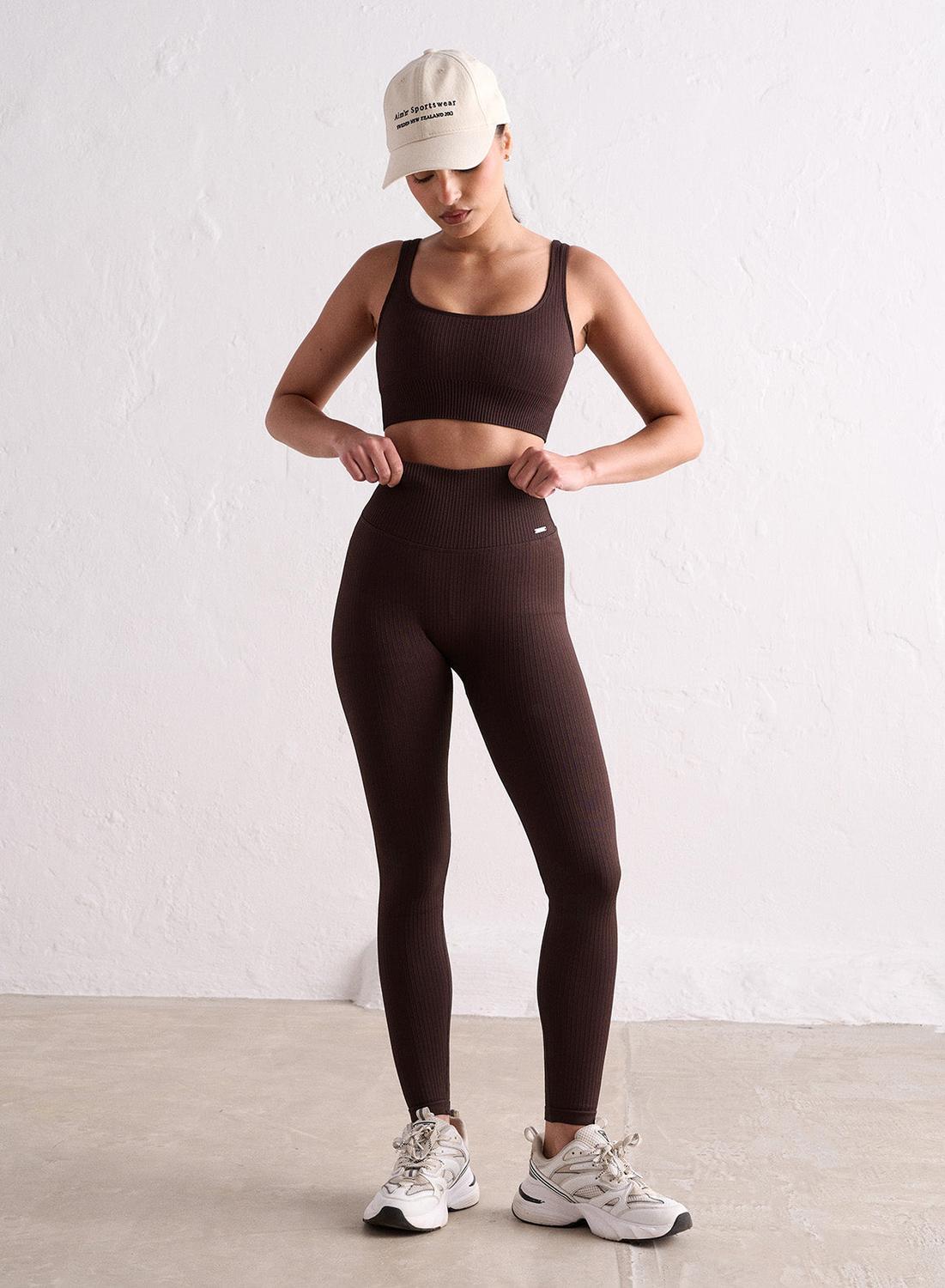 AIM'N Donna Yoga Leggings A Coste Senza Cuciture Marrone Scuro