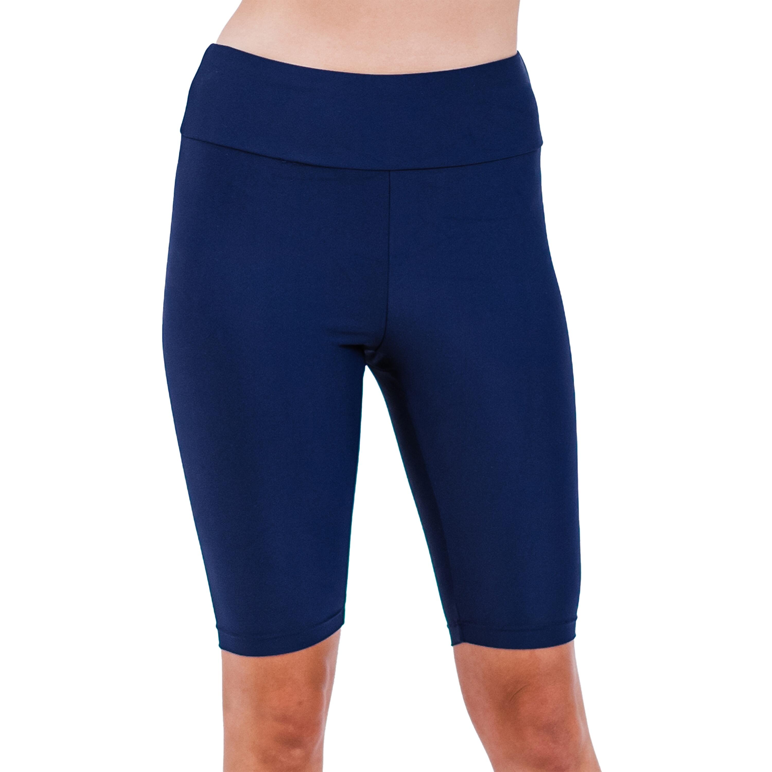 Women's Chlorine Resistant High Waisted Long Bike Swim Shorts - Navy Blue