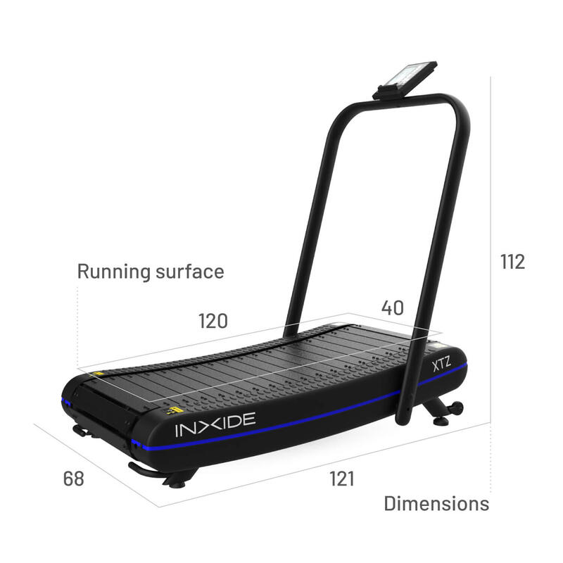 Gebogen loopband zonder motor. Geen verbruik. Zelfopgewekte energie. LED-scherm