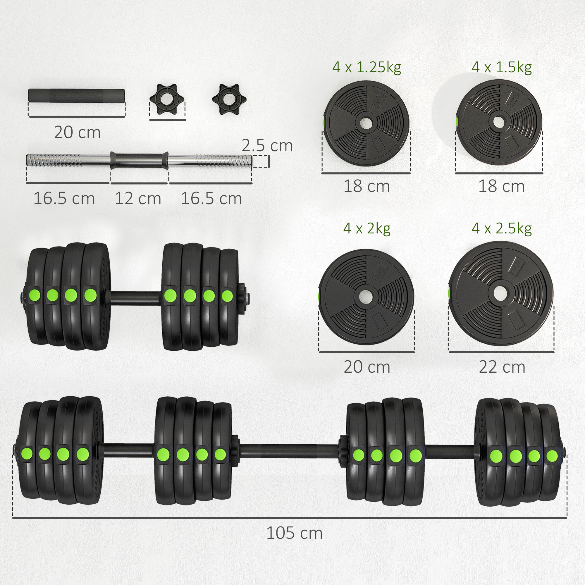 SPORTNOW Set 2 in1 con 2 Manubri Convertibili in Bilanciere Peso Totale 30kg 3/8