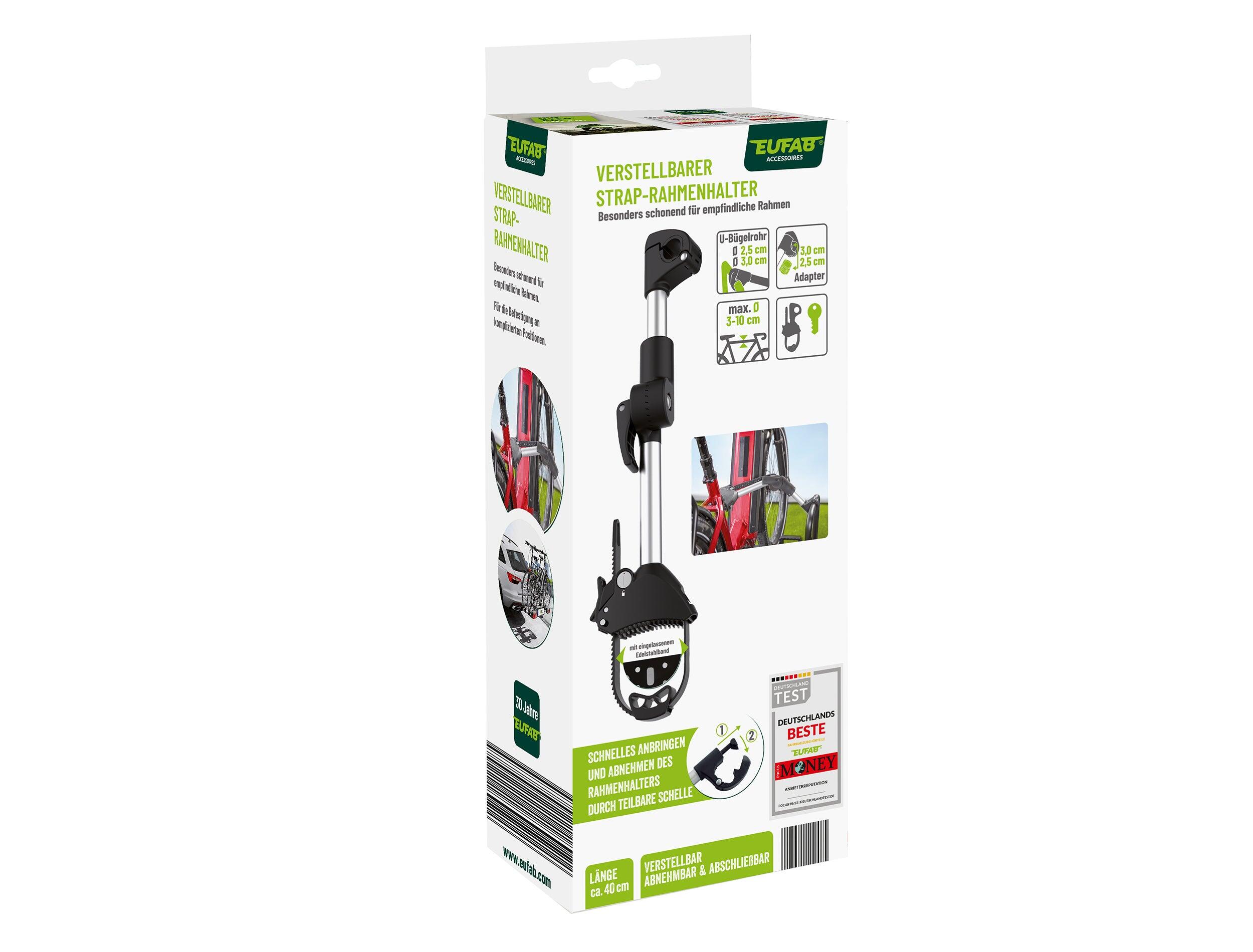PORTE-VÉLO EUFAB: FIXE-CADRE À STRAP INCLINABLE AMOVIBLE Ø 25 + 30 MM ET ANTIVOL 7/7