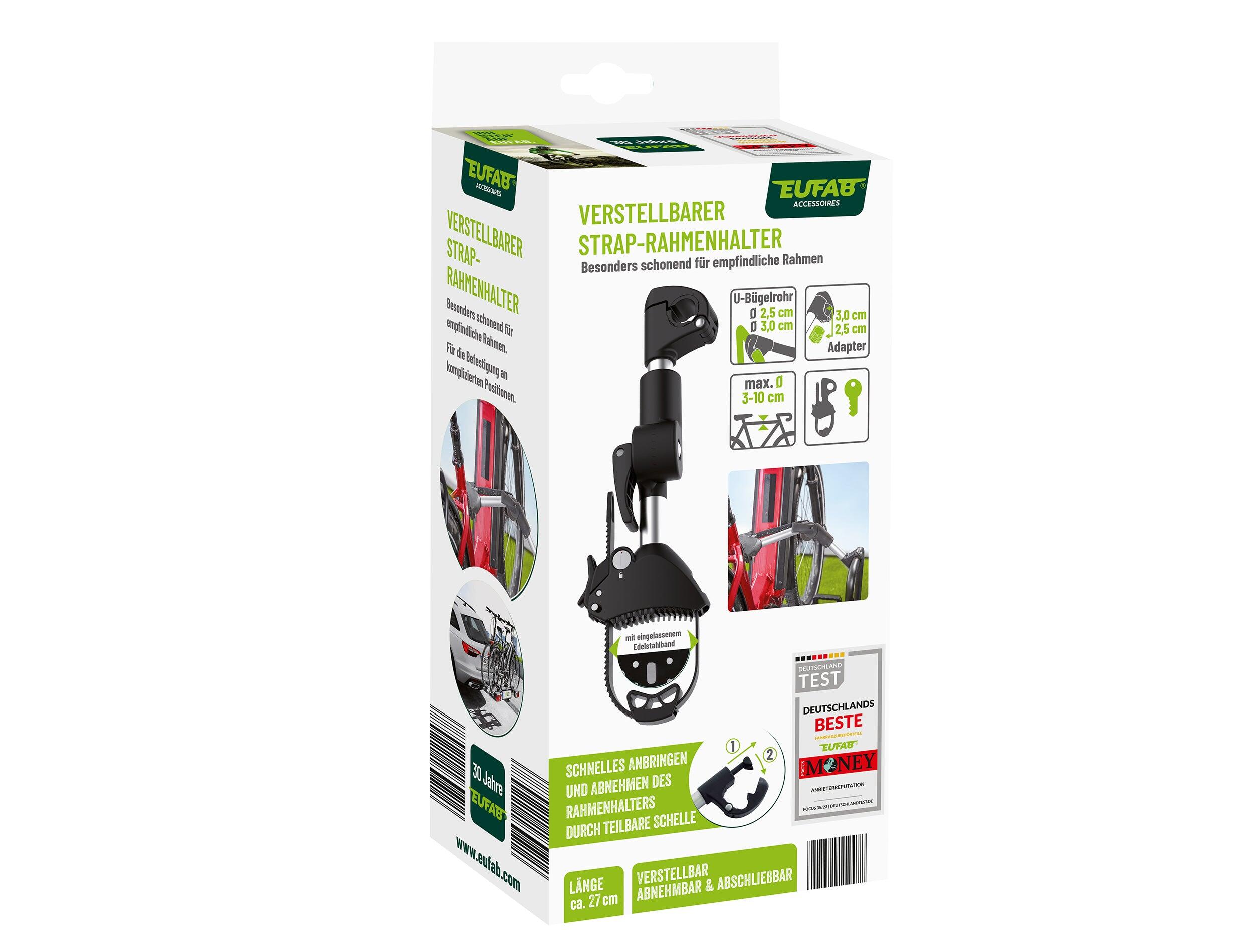 PORTE-VÉLO EUFAB: FIXE-CADRE À STRAP INCLINABLE AMOVIBLE Ø 25 + 30 MM ET ANTIVOL 7/7