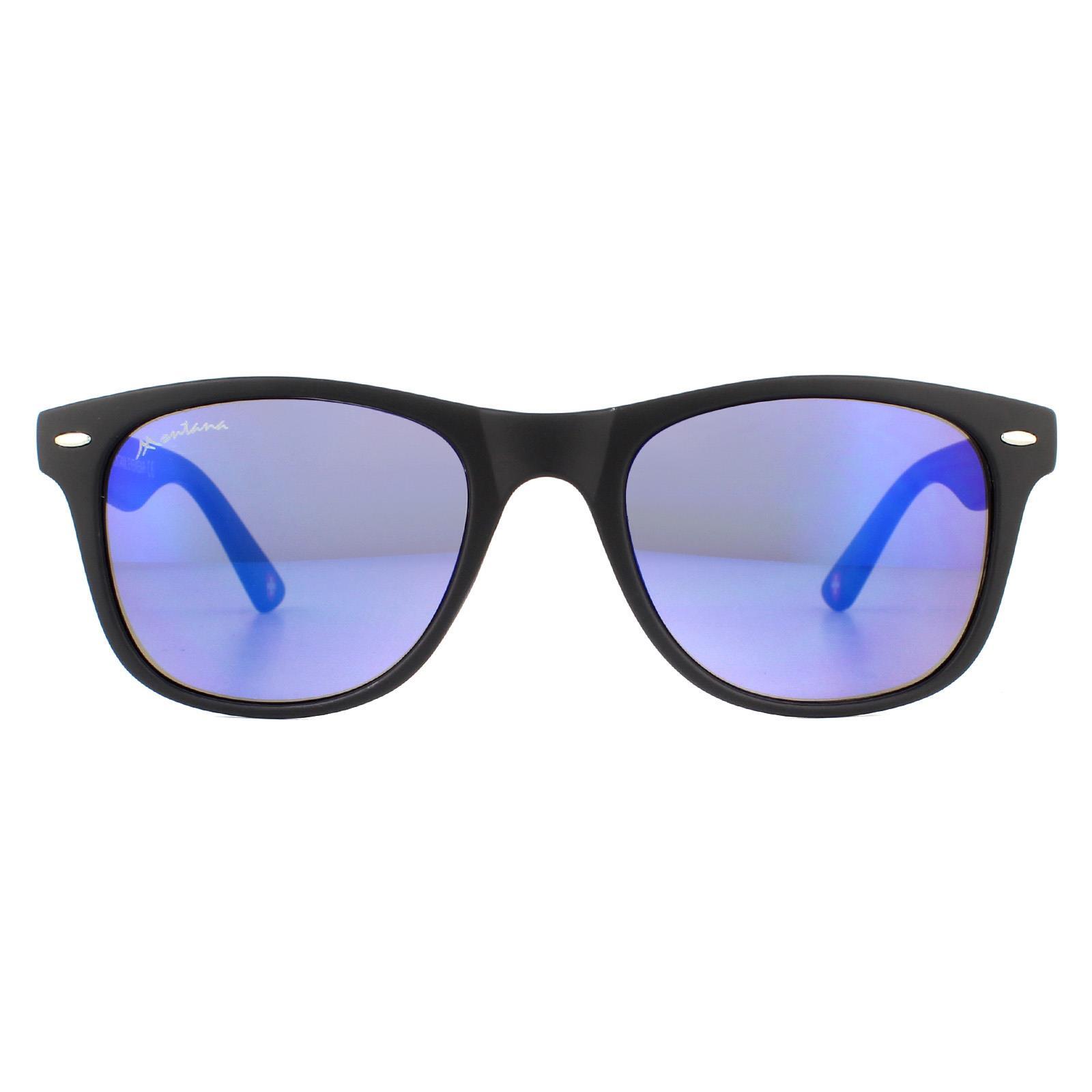 Montana Rectangle Unisex Matte Black Rubbertouch Revo Blue Sunglasses 1/4