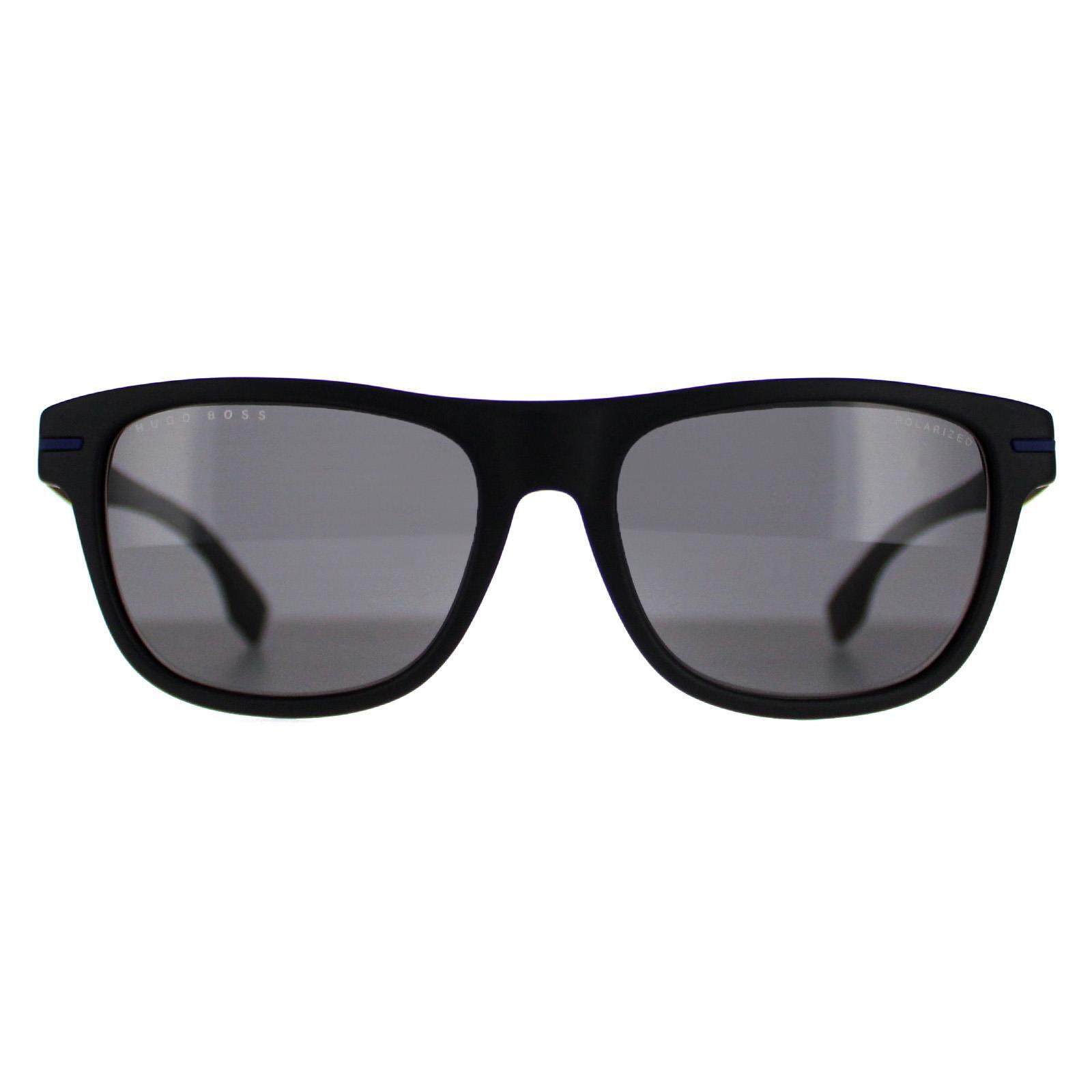 HUGO BOSS Hugo Boss Rectangle Mens Matte Black Blue Grey Polarized BOSS 1322/S