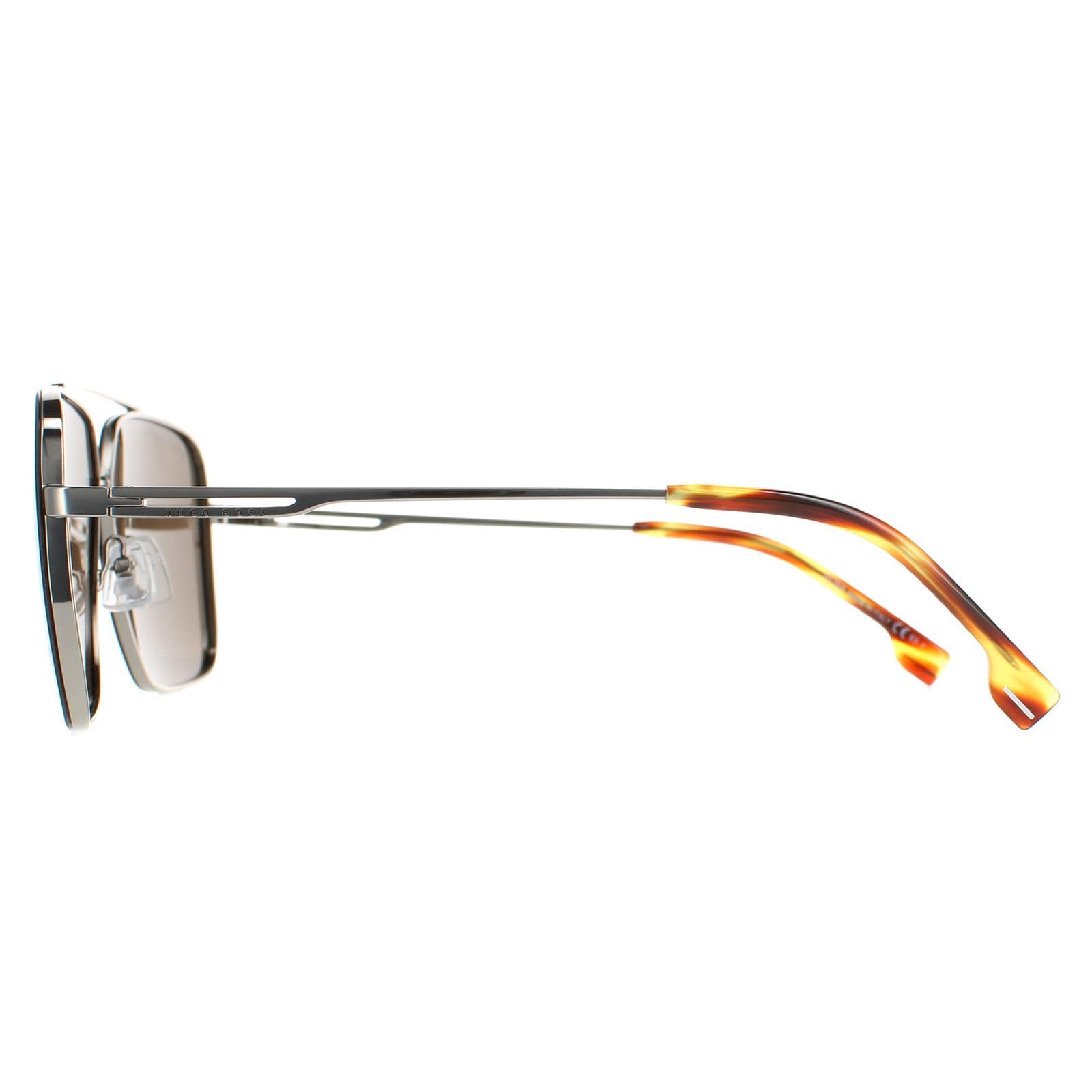 Hugo Boss Round Mens Brown Horn Ruthenium Brown Sunglasses 3/4