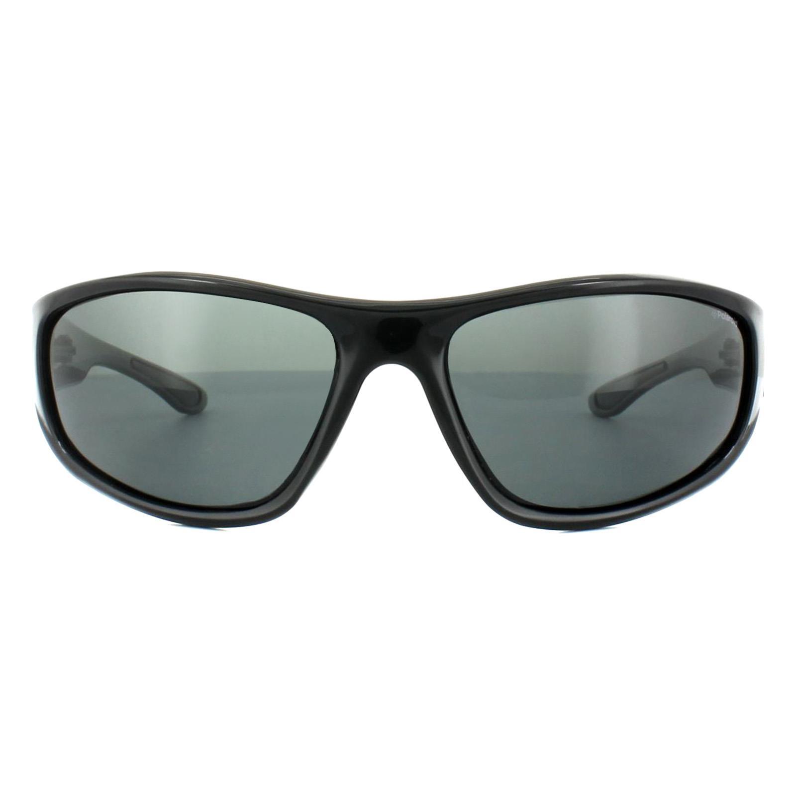 POLAROID Polaroid Wrap Mens Shiny Black Grey Polarized Sunglasses