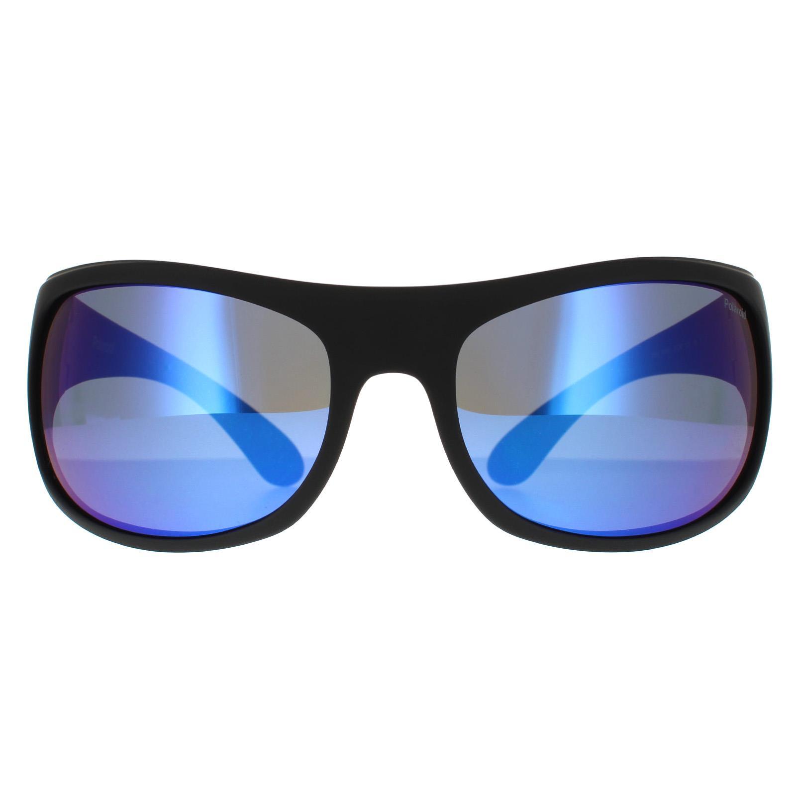 Polaroid Wrap Unisex Matte Black Blue Mirror Polarized Sunglasses
