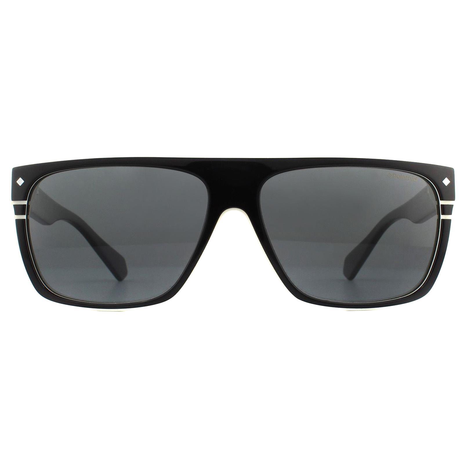 Polaroid Rectangle Mens Black Ivory Grey Polarized Sunglasses 1/4