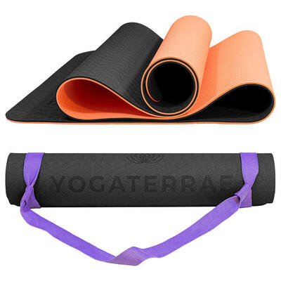 Zwarte koraal yogamat van tpe met katoenen riem