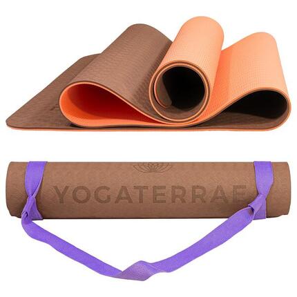 TAPIS DE YOGA ANTIDÉRAPANT DURABLE Confort Marron Corail TPE Léger + SANGLE