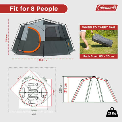 8-Person Cortes Octagon Family Camping Tent With Wheeled Carry Bag, Easy Setup,Orange