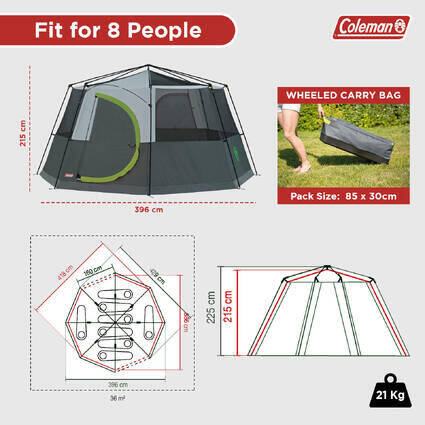 8-Person Cortes Octagon Family Camping Tent With Wheeled Carry Bag, Easy Setup,Green -  3