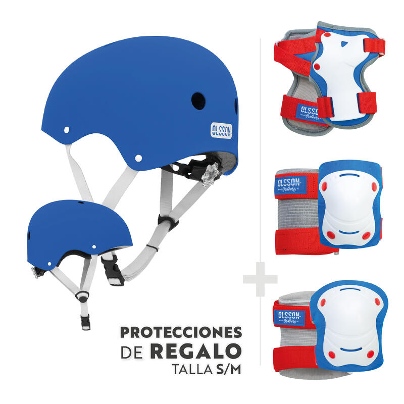 Casco Niño OLSSON Azul S/M + Kit de Protecciones - Patinete Bici Patines Skate