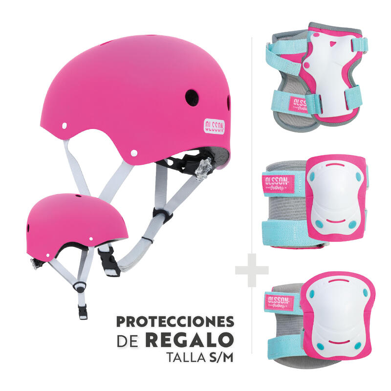 Casco Niño OLSSON Rosa M/L + Kit de Protecciones - Patinete Bici Patines Skate