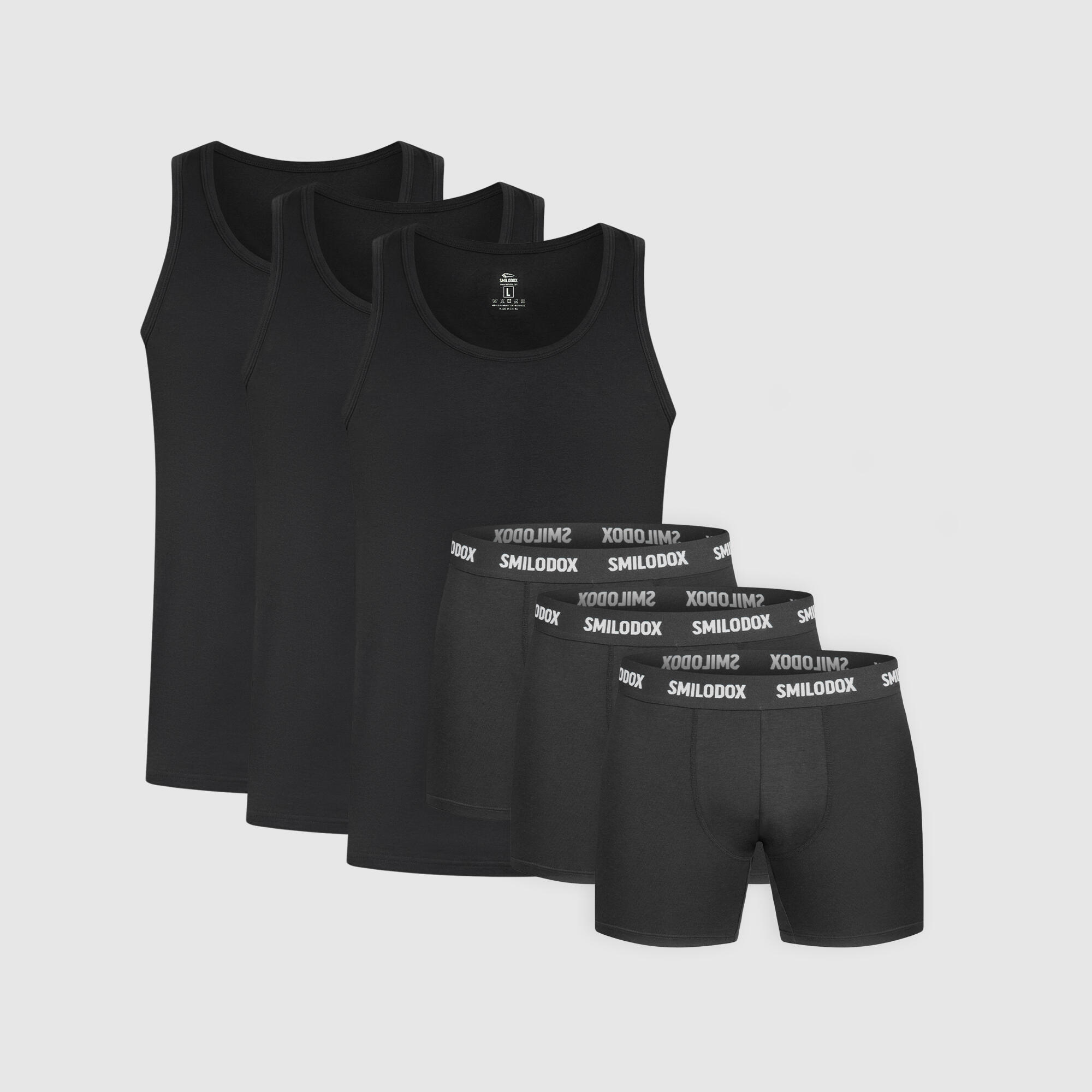 SMILODOX Herren 3x Boxershorts & 3x Unterhemd Modal Schwarz
