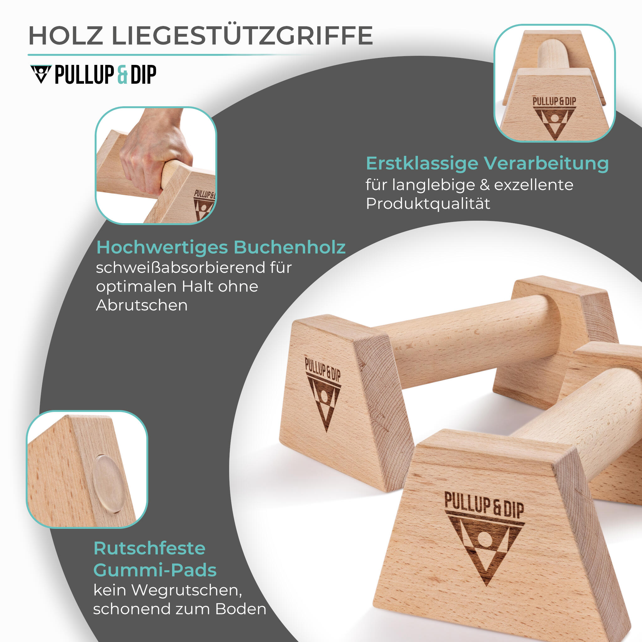 Holz Liegestützgriffe mit ergonomischem Griff inkl. Wrist Wraps 2/7