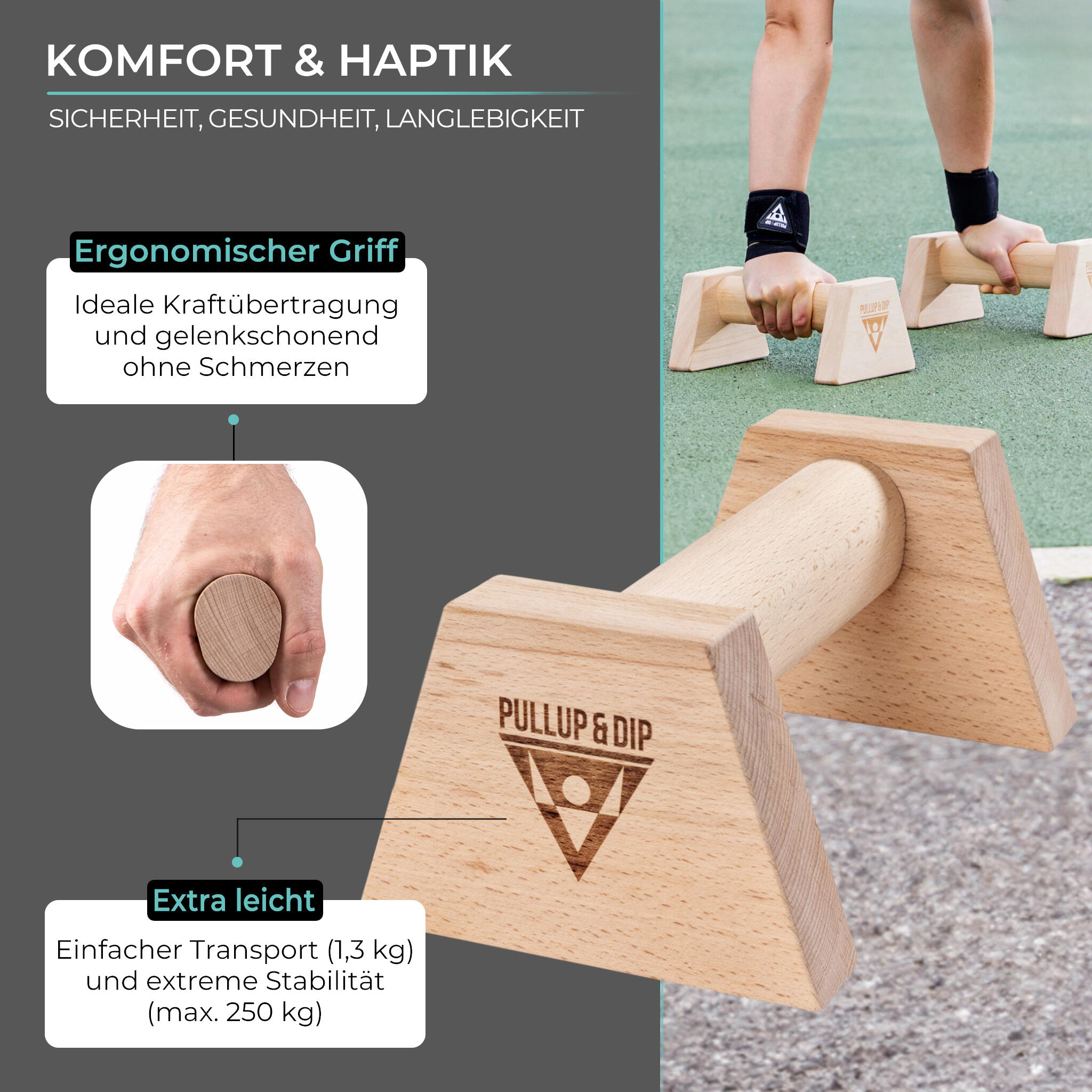 Holz Liegestützgriffe mit ergonomischem Griff inkl. Wrist Wraps 3/7