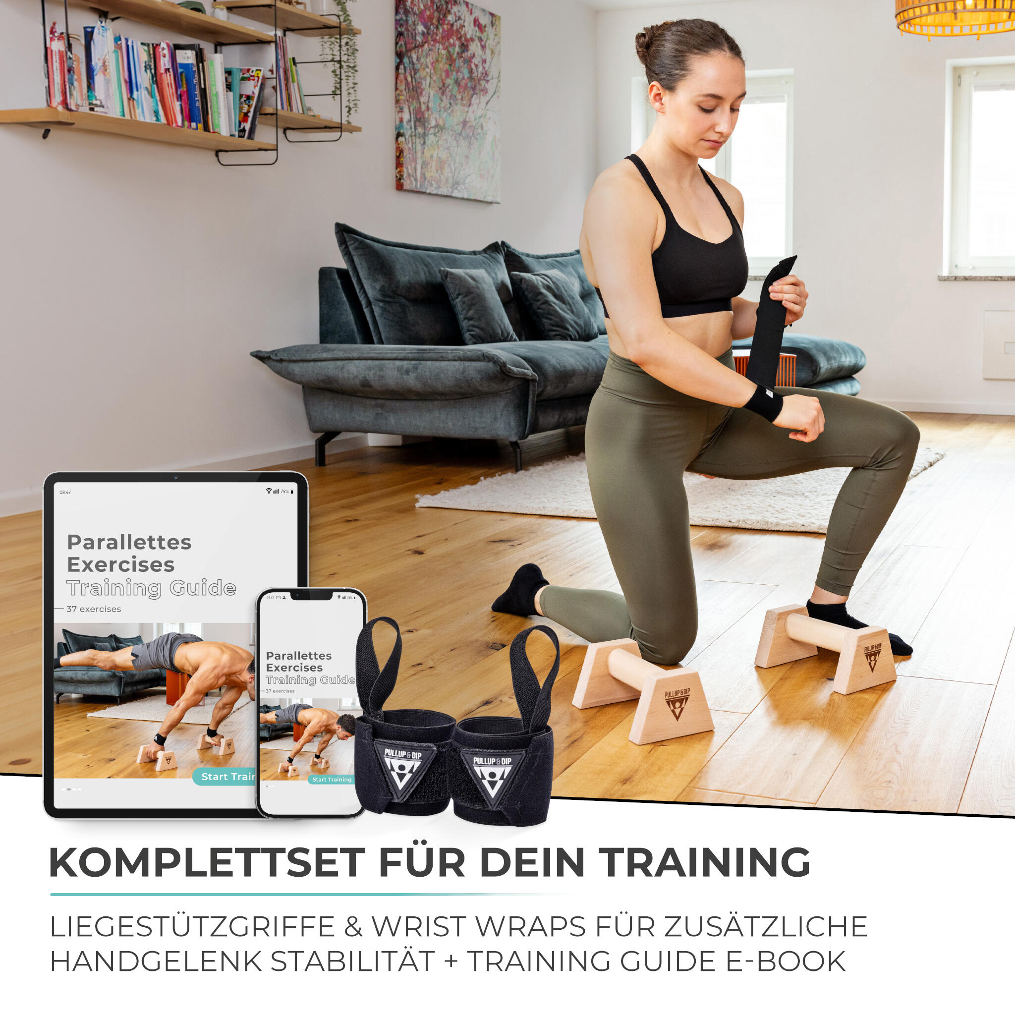 Holz Liegestützgriffe mit ergonomischem Griff inkl. Wrist Wraps 6/7