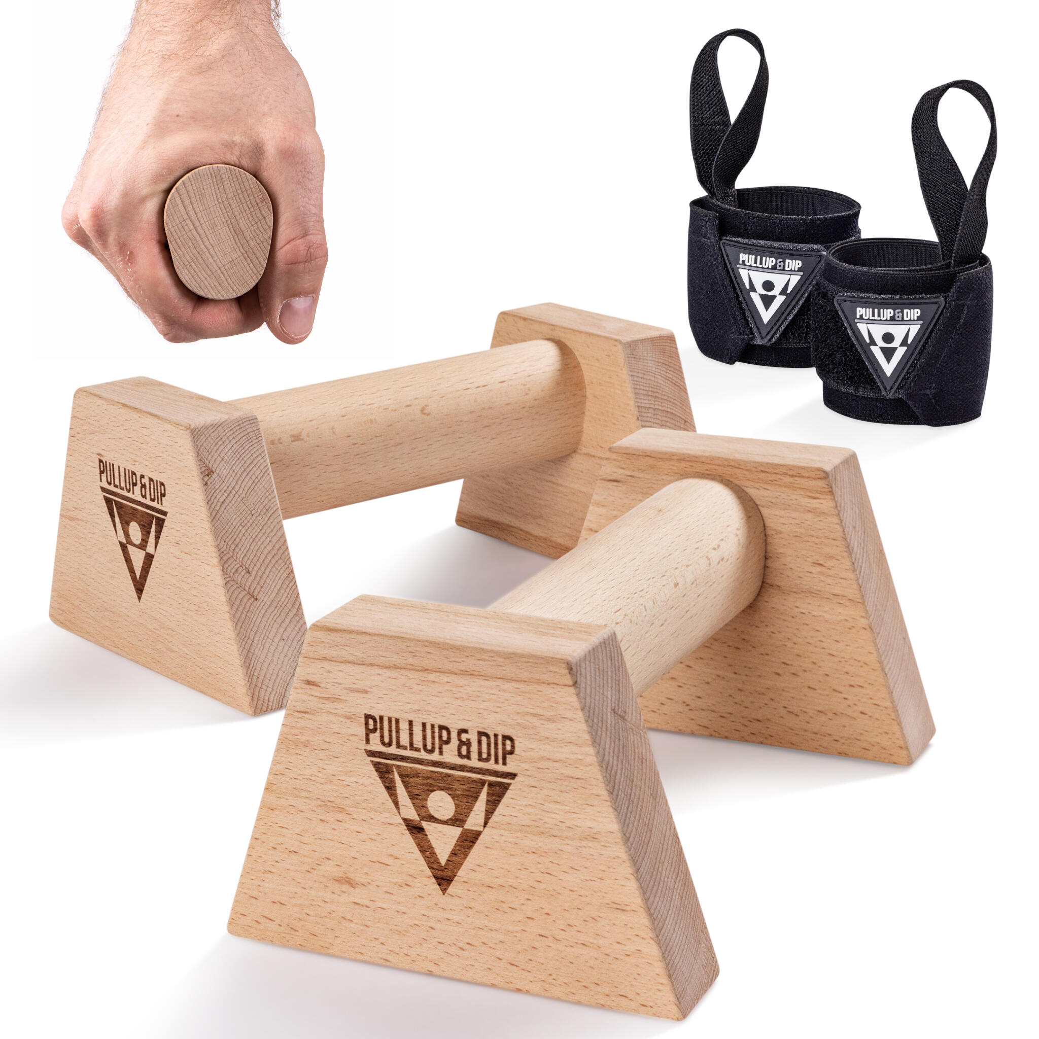 PULLUP & DIP Holz Liegestützgriffe mit ergonomischem Griff inkl. Wrist Wraps